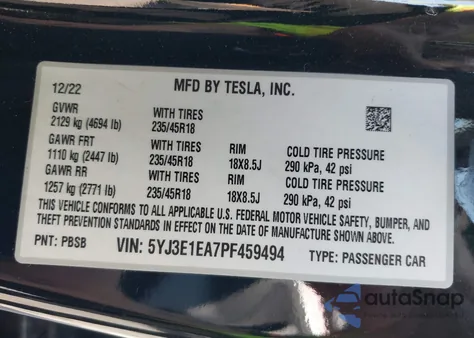 2023 Tesla Model 3 Rear-Wheel Drive from USA, damaged, VIN 5YJ3E1EA7PF459494